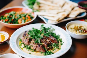 middle eastern kebab spread with hummus and tabbouleh