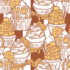 Tasty sweet cupcake dessert decorative seamless pattern for textile design, fabric print, digital or wrapping paper, wallpaper, background and backdrop, bakery shop decoration, cafe, restaurant menu.