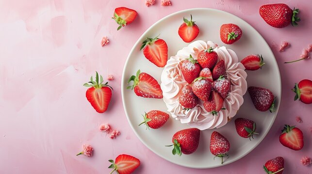 professional food photography: strawberry & creams, soft pastel, lots of copy space