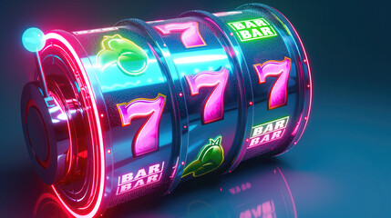 neon casino slots machine with glowing lucky number 7 - obrazy, fototapety, plakaty