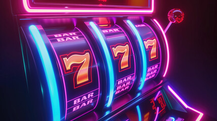 neon casino slots machine with glowing lucky number 7 - obrazy, fototapety, plakaty