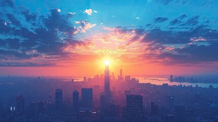 sunrise over the city, blue sky and city, City Sky Scrapers with blue and bright skies Vector silhouette generative AI	