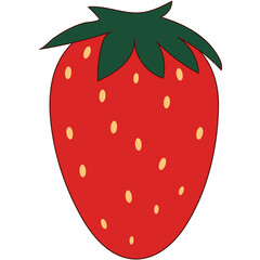 Red yummy delicious vibrant strawberry with a green stem leaf on a white background. Fun 2D illustrations image.