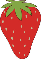 Red yummy delicious vibrant strawberry with a green stem leaf on a white background. Fun 2D illustrations vector image.