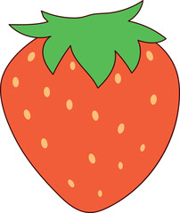 Red yummy delicious vibrant strawberry with a green stem leaf on a white background. Fun 2D illustrations vector image.