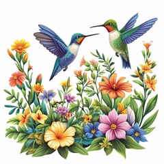 Two hummingbirds over a blooming garden