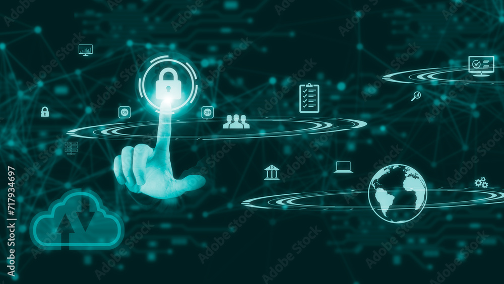 Poster the concept of cybersecurity hand pressing on padlock icon to unlock or lock personal data on intern