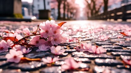 The cobblestone street is covered with pink sakura petals, cherry blossoms