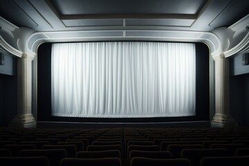 Movie or theater auditorium with white curtains and seats. The concept of theater performance and arts. Space for text 
