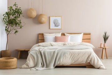 Interior of modern bedroom with beige walls, wooden floor and comfortable bed with pillows