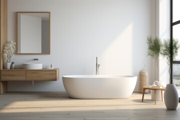 Interior of modern bathroom with white walls, wooden floor, comfortable white bathtub standing near round mirror and round wooden sink.