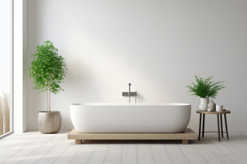 Bathroom interior with white walls, wooden floor, white bathtub and green plants.