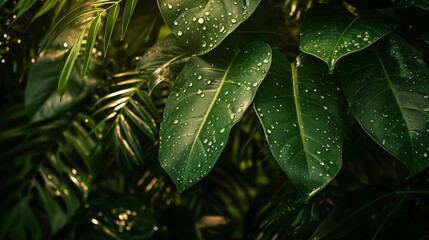 Fototapeta premium a variety of tropical leaves under a gentle rain, illuminated by diffused sunlight, highlighting the raindrops, peaceful and inviting atmosphere, soft and tender colors