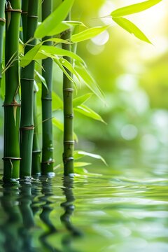 Bamboo stalks in a row in water on sunny background. Bamboos in a peaceful and natural landscape. Green background with bamboo stems in Asian spirit.