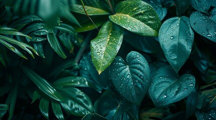 Fototapeta premium Lush green leaves dotted with fresh dew, the essence of tranquility in a tropical setting