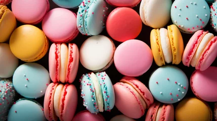 Fototapeten Colourful macarons backdrop. View from above. Aesthetic delicious background. Pastel colour palette. Generative AI © AngrySun