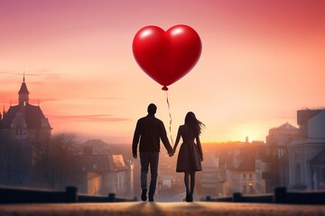 Couple in love holding hands and looking at red heart shaped balloon over cityscape at sunset. copy space