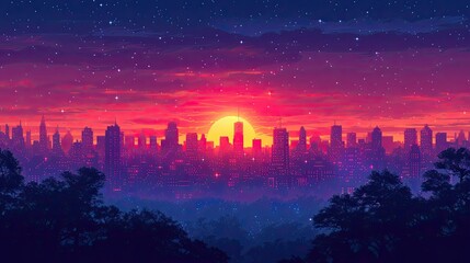 sunset over the city, sunset in the forest, Night, sky, stars, cozy, atmosphere, illustration for a podcast, wallpaper, generative AI