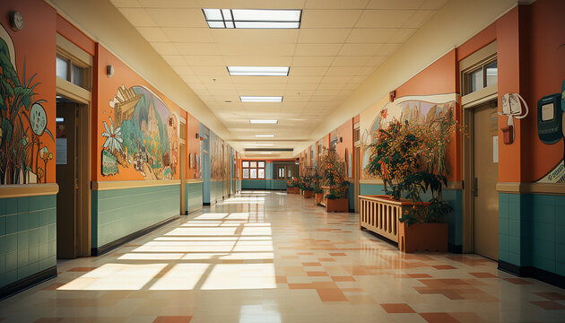 grade school hallway, high resolution dslr camera, room decorated with school art, editorial photography style, contemporary