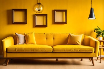 modern living room with yellow sofa
