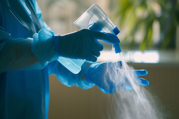 close-up of a housekeeper's hands using a disinfectant spray on high-touch surfaces, promoting a hygienic and sanitized environment in a minimalistic style - obrazy, fototapety, plakaty