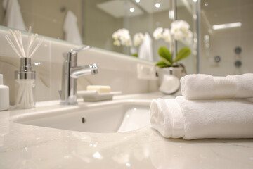 Obraz na płótnie Canvas minimalist hotel bathroom with sparkling fixtures, conveying the sense of freshness and cleanliness after meticulous housekeeping in a minimalistic style