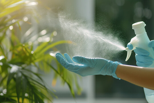 close-up of a housekeeper's hands using a disinfectant spray on high-touch surfaces, promoting a hygienic and sanitized environment in a minimalistic style