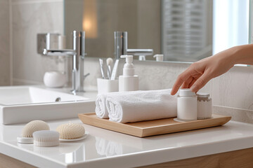 Fototapeta na wymiar housekeeper arranging amenities with precision on a hotel vanity, showcasing the commitment to providing a polished and well-organized guest experience in a minimalistic style