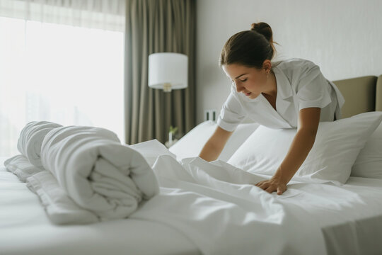 housekeeping team working in unison to make a hotel bed with crisp, white linens, showcasing the collaborative effort in maintaining a clean and inviting space in a minimalistic st