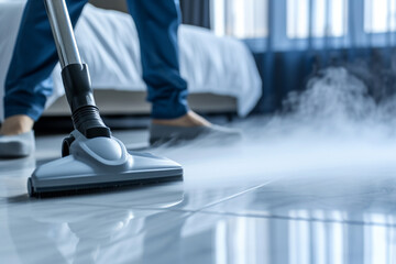close-up of a housekeeper using a steam cleaner on a minimalist hotel room floor, illustrating the use of advanced cleaning technology for optimal hygiene in a minimalistic style