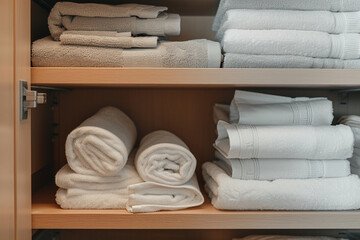 minimalist linen closet with neatly folded towels and linens, highlighting the meticulous organization and inventory management in hotel cleaning in a minimalistic style