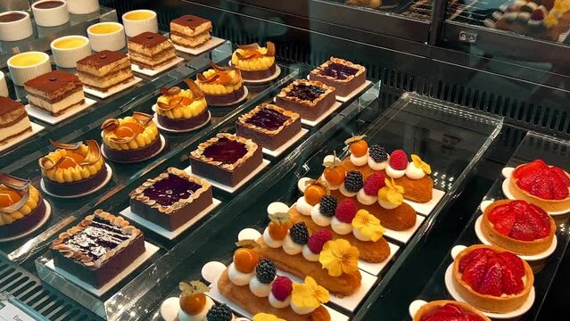 Pastry shop with delicious sweet cakes in 5 stars resort spa hotel 