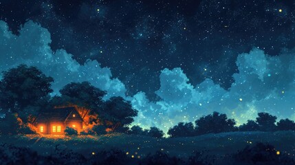 Obraz na płótnie Canvas sunset in the forest, Night, sky, stars, cozy, atmosphere, illustration for a podcast, wallpaper, generative AI
