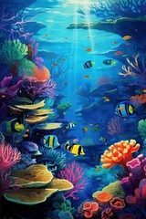 Vibrant underwater scene with diverse coral and tropical fish