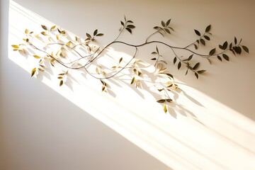 .Sunlight falling on a white wall with a plant.