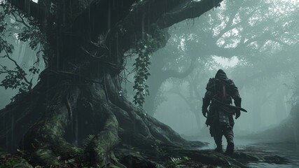 character In a medieval armor running in the rainforest with very thick trunk trees