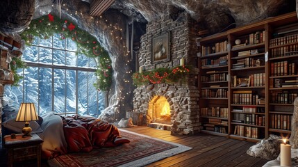 Bedroom in the cave, Wooden floor, Fireplace, bookcase, Fresh flowers, Hollywood style