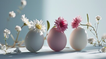 Beautiful abstract eastern installation of eggs and flowers. Very clean and elegant bouquet. Easter celebration.