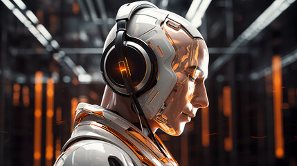robot man listens to music in headphones, yellow colors