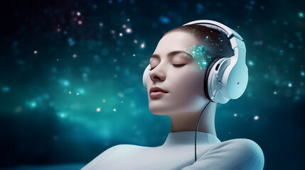 a woman with short hair listens to music with her eyes closed