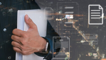 Businessman holding a document folder with blurred city night light and documentation icon in document data management system Document data system Report HR technology Concept