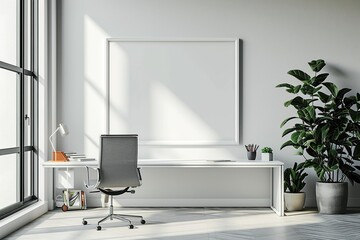 Minimalist Office Mockup Frame on Wall,Clean Workspace Mockup in Modern Office