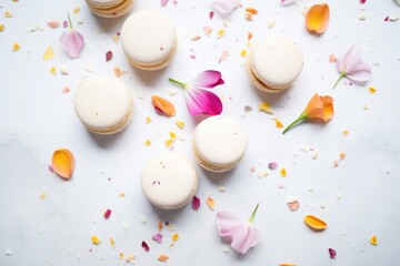 macarons with flower petals, marble surface