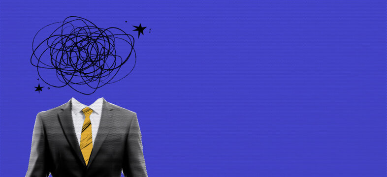 Retro concept collage with depression businessman in suit on halftone effect style. Pop art with doodle elements. Paper blue background for design. Vector illustration