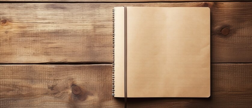 Rustic wooden background with open notebook - cozy workspace concept for stock photography