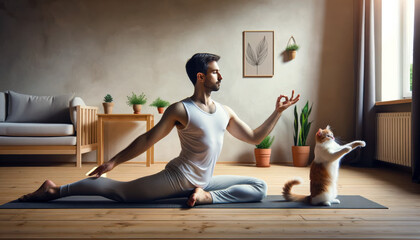 A man doing yoga with his cat attempting to imitate the poses