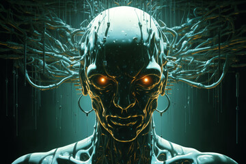 biomechanical robot, skeleton and skull with glowing eyes similar to android, with roots and tubes, humanoid on a dark green background, cyberpunk art, computer art - obrazy, fototapety, plakaty