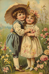 Vintage postcard, Picture of boy and girl hugging in meadow. Retro