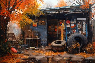 an old workshop for repair of machinery and cars against the background of beautiful autumn nature, wheels and other things around it