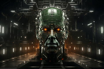 a large cyber robot head in the workshop with glowing red eyes, a robot manufacturing plant, an industrial environment - obrazy, fototapety, plakaty